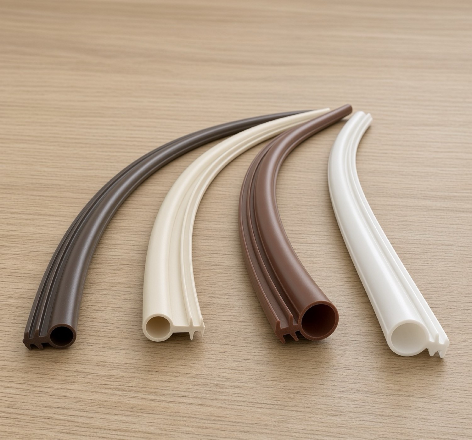 Four hollow silicone bulb seals in dark brown, cream, chestnut and white